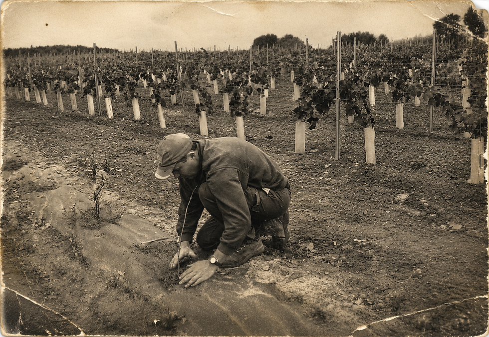 Vigneron plantant un jeune pied de vigne en 1949, photographie ancienne en sépia du Domaine de La Garnaudière