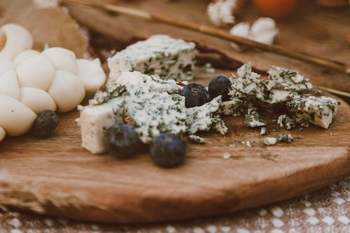 Fromage bleu et champignons de Paris sur une planche en bois, accord fromage du Cabernet Sauvignon rosé du Domaine de La Garnaudière
