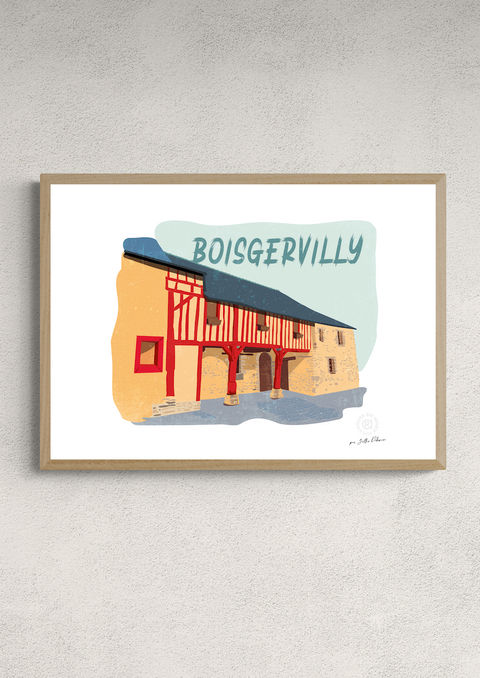 Affiche illustrée "Boisgervilly" avec sa halle à colombages rouges, encadrée en chêne sur un mur texturé