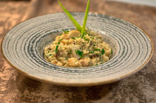 Risotto aux herbes dans une assiette en grès, accord végétarien du Sauvignon du Domaine de La Garnaudière