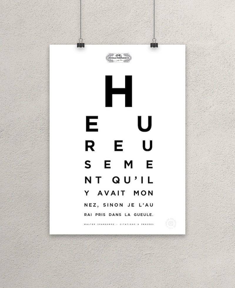 Affiche test de vue, citation "Heureusement qu'il y avait mon nez, sinon je l'aurai pris dans la gueule", Walter Spanghero