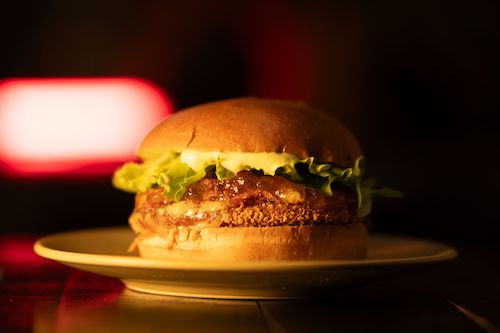 Burger maison et salade sur une assiette, accord mets et vins pour le Merlot rouge du Domaine de La Garnaudière