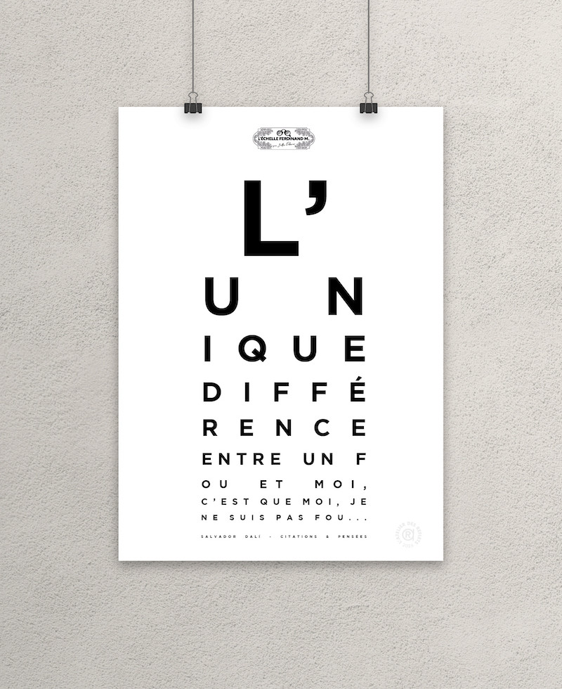Affiche test de vue, citation "L'unique différence entre un fou et moi, c'est que moi, je ne suis pas fou", Salvador Dalí