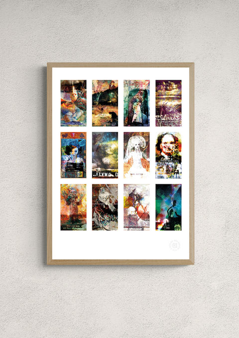 Affiche planche de 12 portraits colorés style collage, encadrée en chêne sur un mur texturé