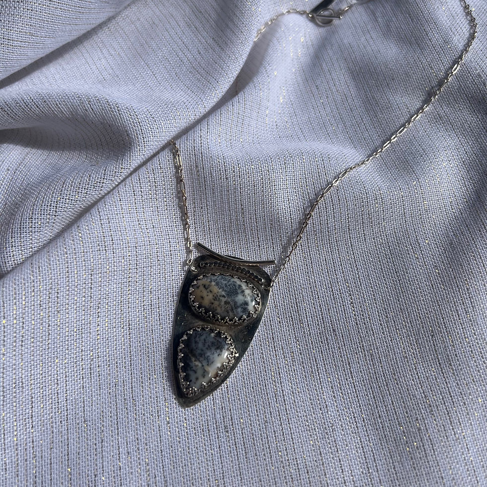 925 Silver large pendant necklace with two large dentric opal stones and many silver stamped and hammered details 