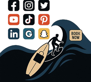 Surfer riding social media wave; Book Now