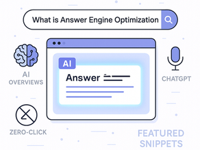 Illustration of an AI-generated search result for Answer Engine Optimization, featuring a glowing answer box, voice search icon, and zero-click search symbols.