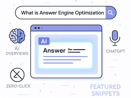 Illustration of an AI-generated search result for Answer Engine Optimization, featuring a glowing answer box, voice search icon, and zero-click search symbols.