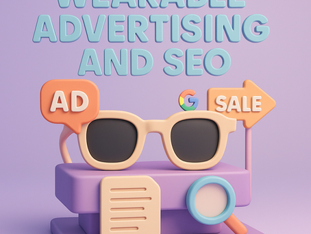3D illustration of pastel-colored smart glasses surrounded by icons for ads, SEO, and sales, representing the impact of wearable advertising and Google’s smart glasses on digital marketing.
