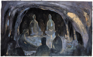 six glowing figures sat at a cave entrance