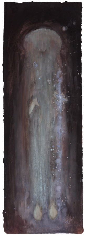 figure in the shape of a doorway illuminated by light they are holding in their left hand, phantom like, burgundy dark purple colour palette