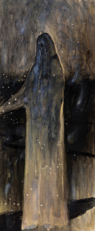 painted cloaked figure, in a glimmering landscape of indigo, green, yellow
