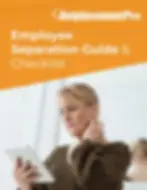 Text: Employee Separation Guide & Checklist. OutplacementPro (Logo). Image: Woman frowning at her tablet.