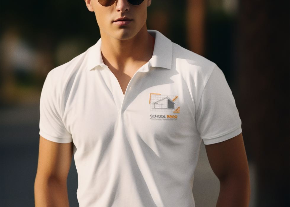 Person wearing a white polo shirt with the School Proz logo embroidered on the chest.