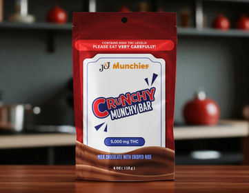 Red pouch of J&J Munchies Crunchy Munchy Bar, milk chocolate edible with crisped rice and 5,000mg THC.