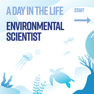 Intro panel with title “A Day in the Life – Environmental Scientist” and illustrated ocean life background.