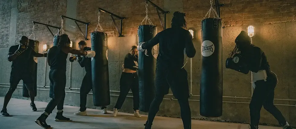 Wide angle view of a boxing gym interior