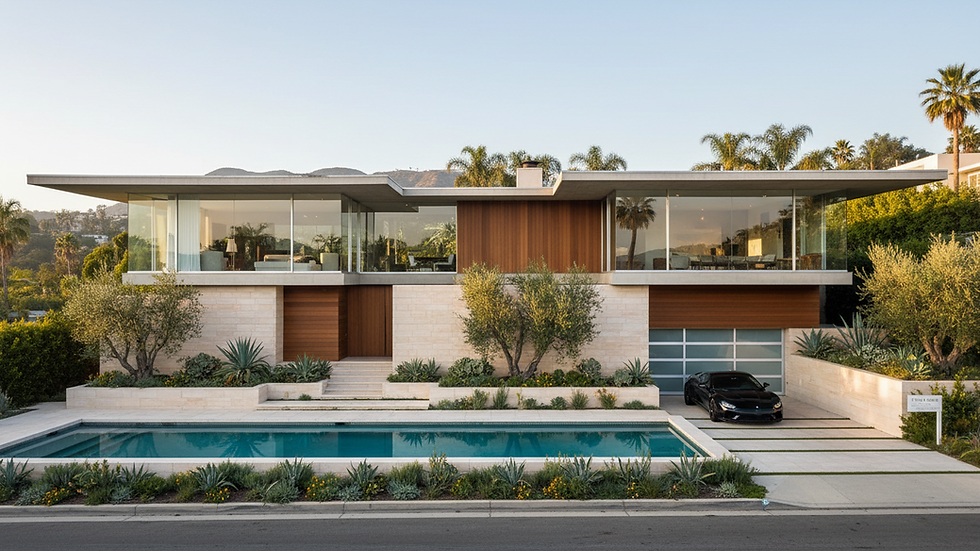 Eye-level view of a modern West Hollywood home with large glass windows and flat roof