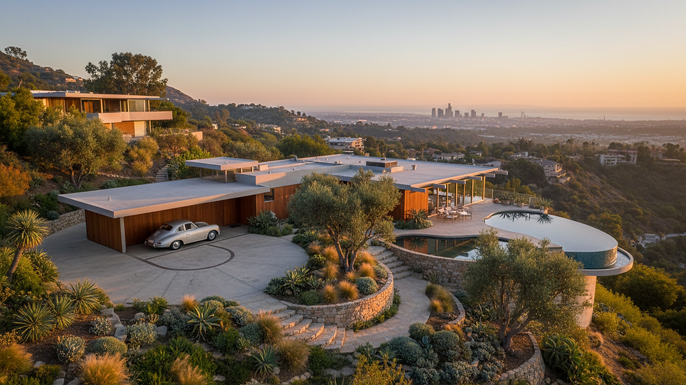 Wide angle view of a mid-century modern home with a landscaped garden in West Hollywood