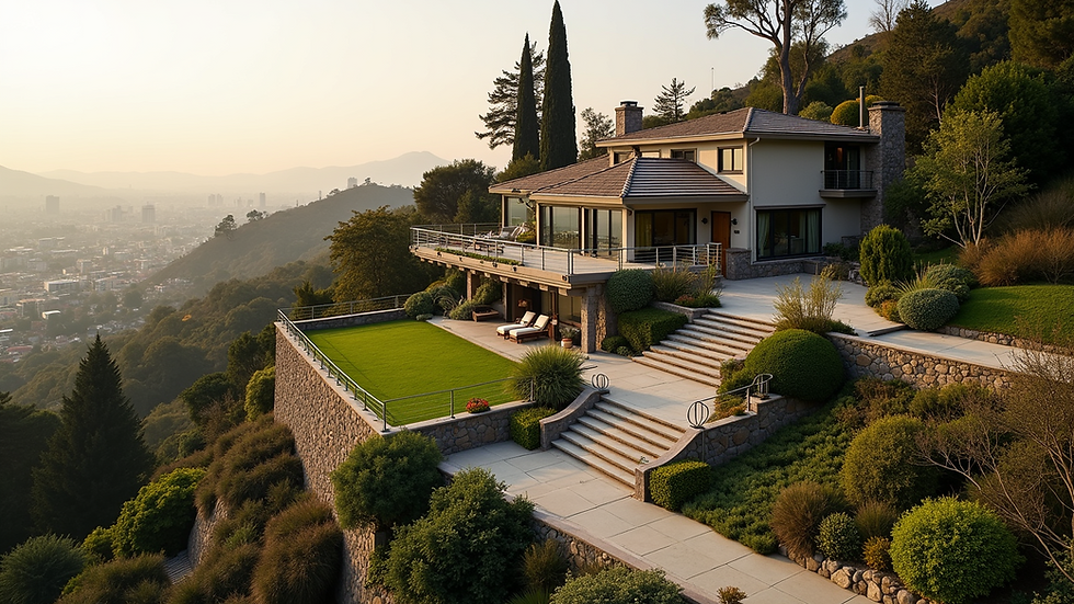 High angle view of terraced hillside home with landscaped garden in West Hollywood