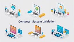 The image shows several illustrated workstations – computer workstations – where individual drawn figures are working or interacting with the systems. The workstations are clearly structured and convey the impression of a modern, digital work environment with various activities.