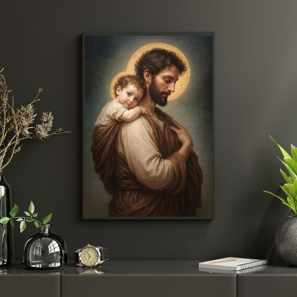 Thumbnail: Catholic wall art of Saint Joseph and Jesus in a devotional setting