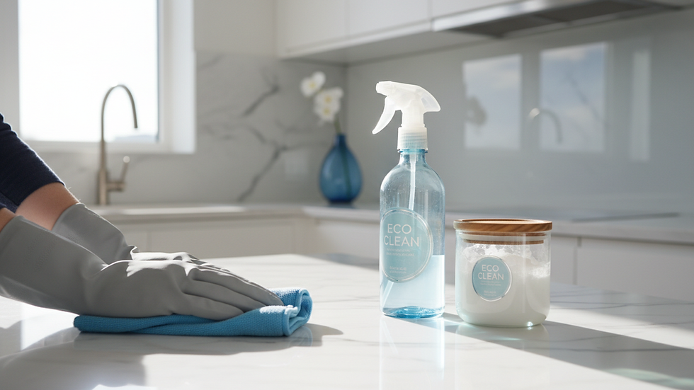 Close-up view of a professional cleaner using eco-friendly products on a marble countertop