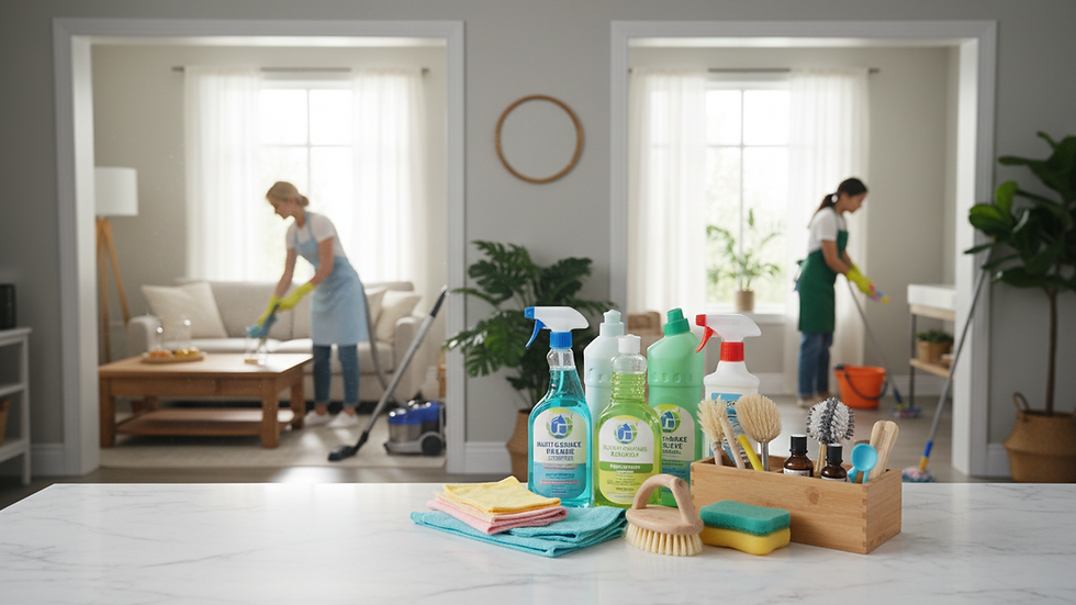 Close-up view of cleaning supplies arranged on a countertop