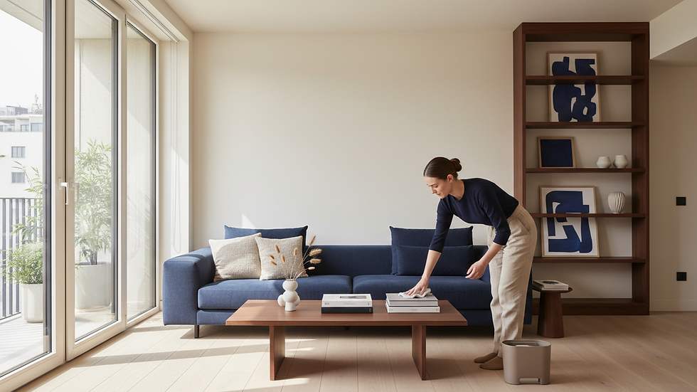 Eye-level view of a modern living room with clean surfaces and natural light