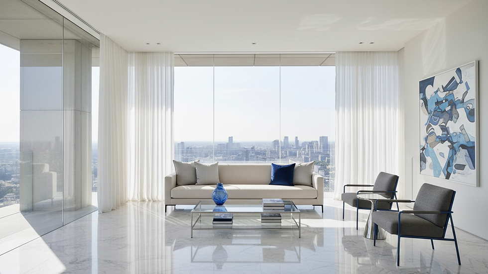 Eye-level view of a luxury living room with polished floors and clean surfaces