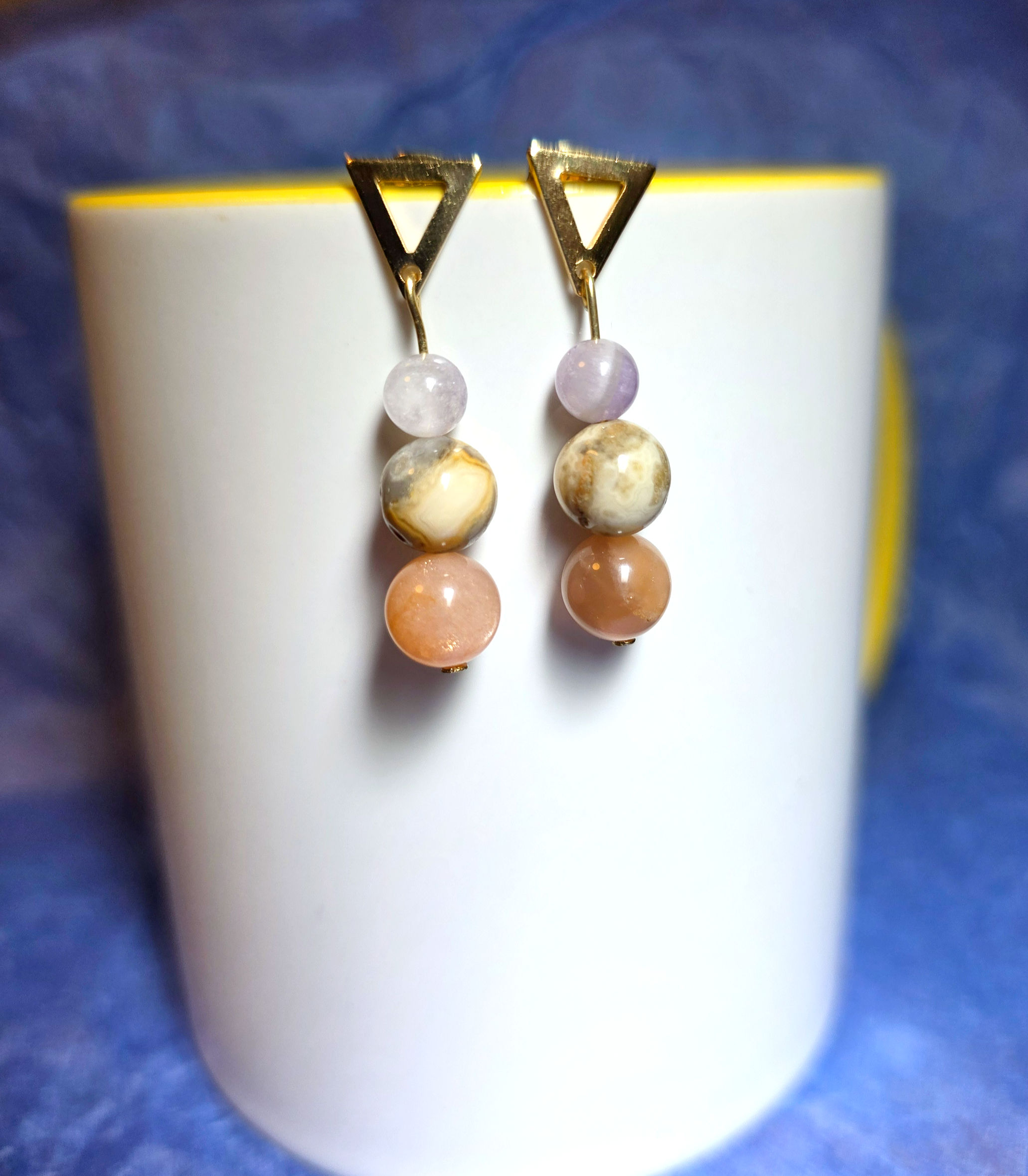 Boucles d'oreilles Pierre de Soleil, Agate Crazy Lace et Améthyste