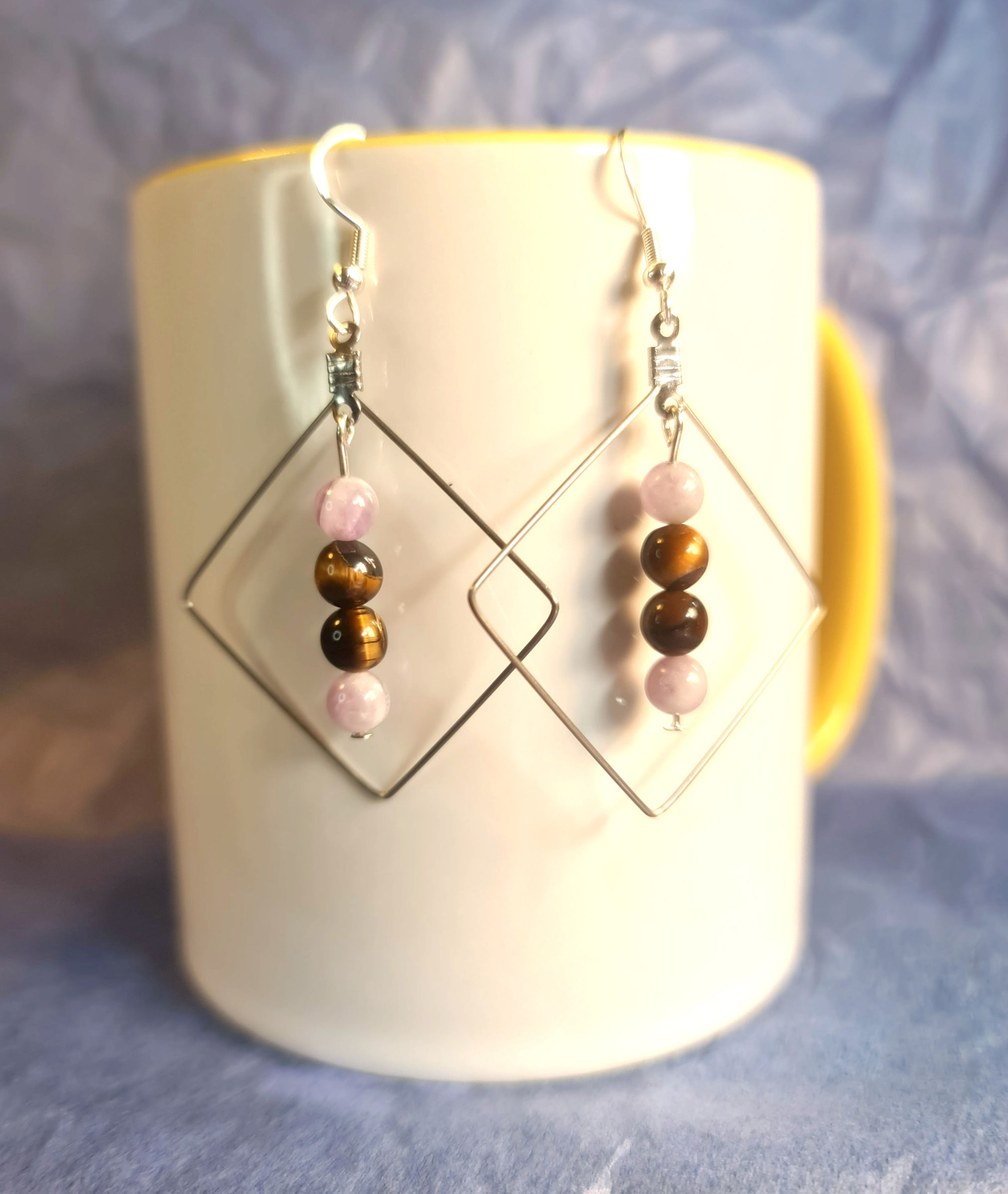 Boucles d'oreilles Losange Œil de Tigre et Améthyste argentées