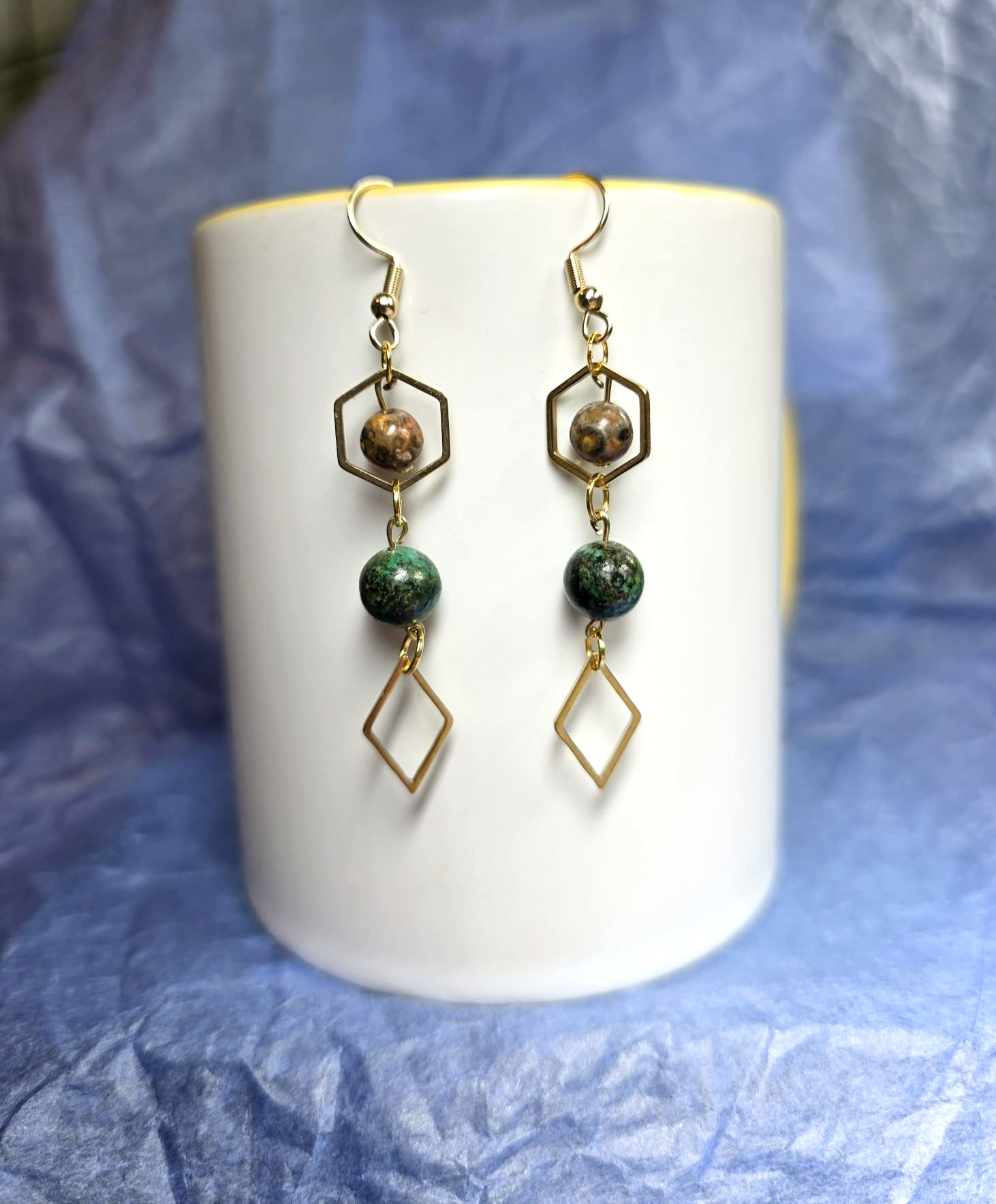 Boucles d'oreilles Jaspe Léopard et Turquoise d'Afrique
