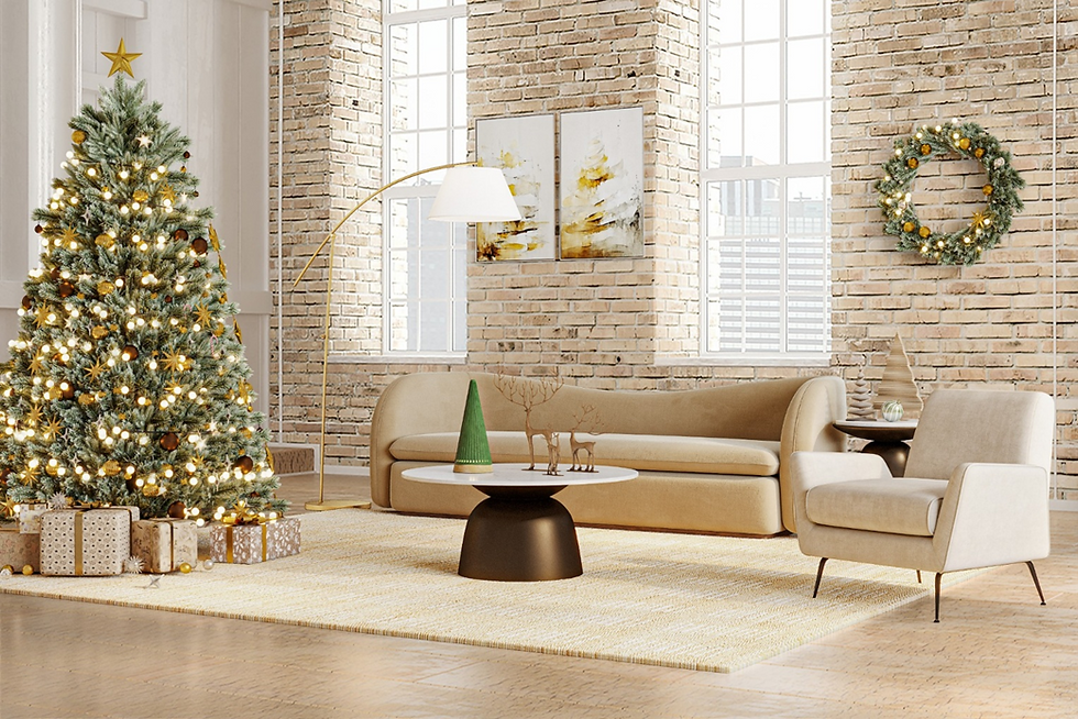 A modern living room decorated for Christmas with a lit tree, wrapped presents, neutral-colored furniture, and a festive wreath on a brick accent wall