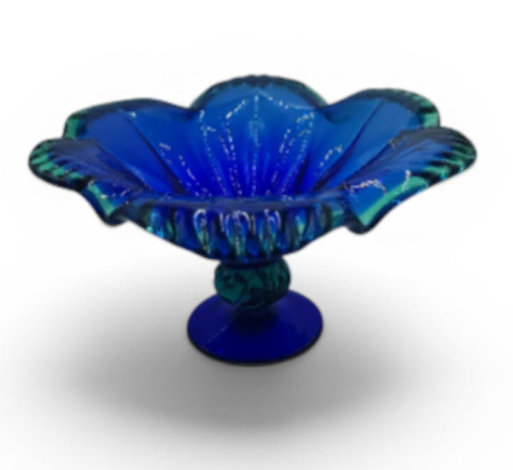 Thumbnail: Vintage White Cristal Italy Blue & Green Scalloped Glass Pedestal Bowl (Murano S