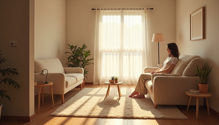 Vista frontal de uma pessoa sentada em um ambiente acolhedor de terapia, com luz natural suave