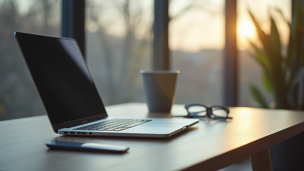 Eye-level view of a laptop on a desk with a calm home office setup