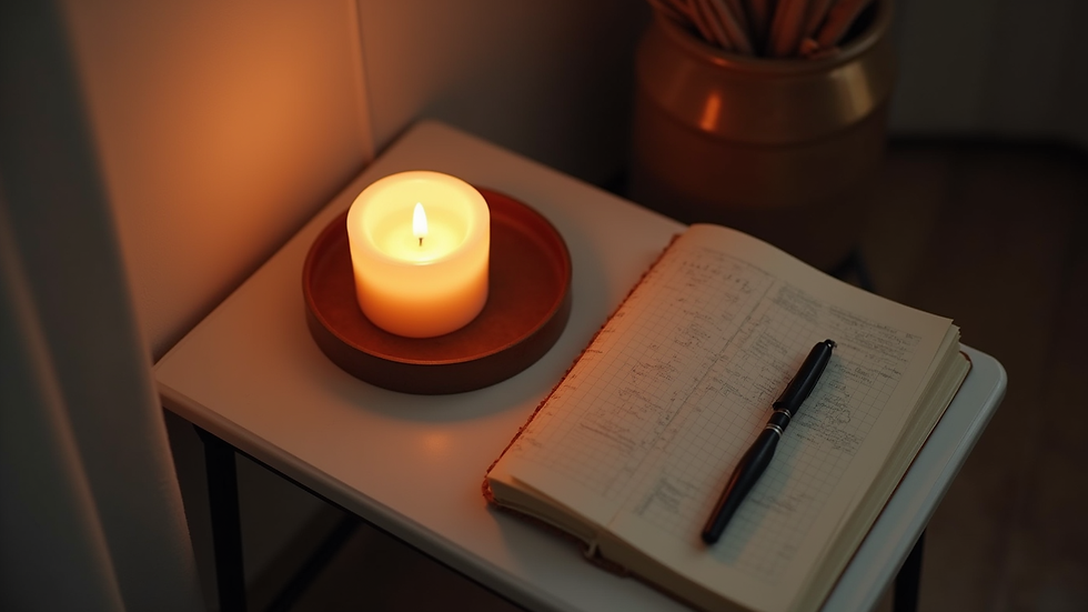 High angle view of a peaceful room with a lit candle and a notebook