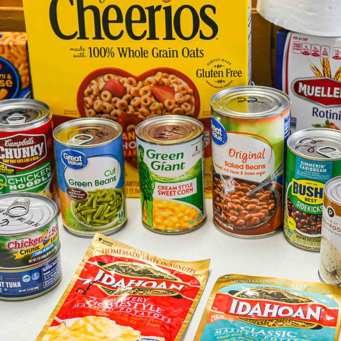 non-perishable food items–Cheerios, canned goods, pasta and instant potatoes