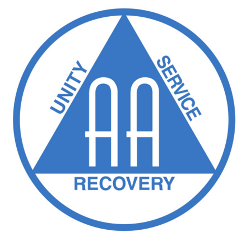 AA logo - blue triangle within a circle. AA inside the triangle with each one side saying "unity," one side saying "service", and one side "recovery"