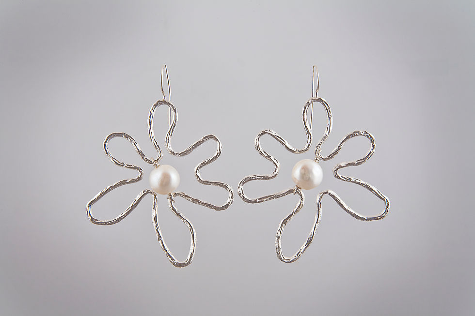 Thumbnail: Large Silver Flower Earrings with pearls