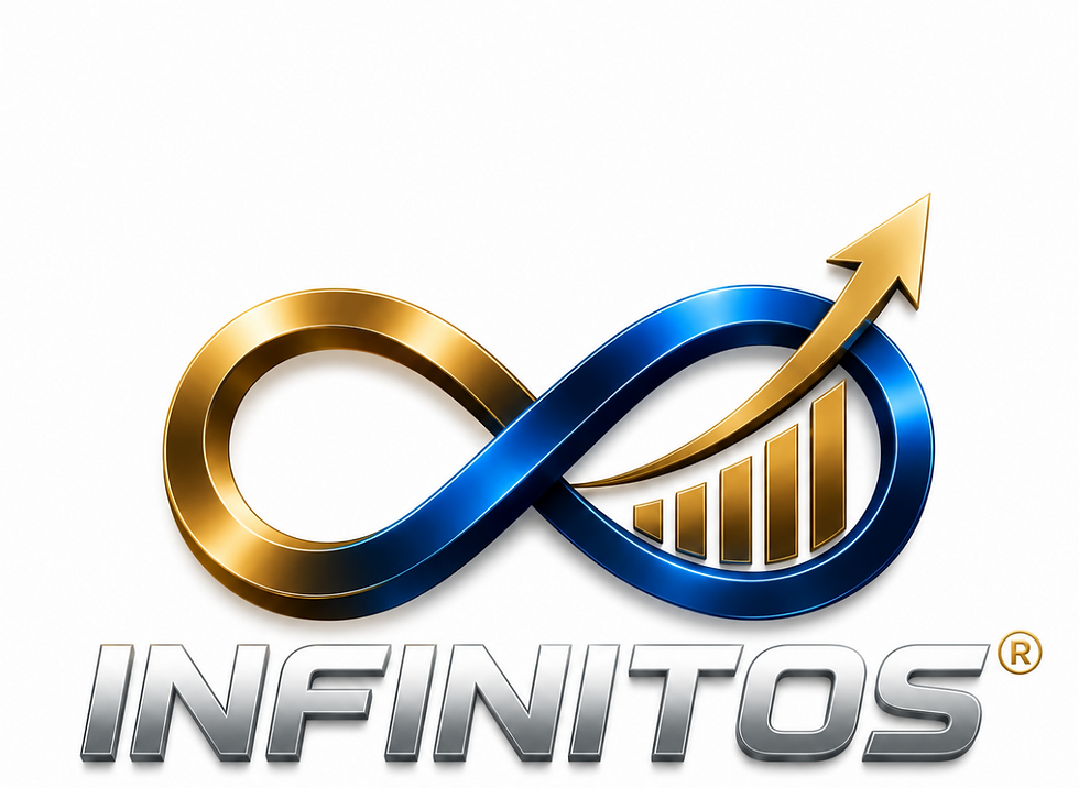Logotipo da marca Infinitos com símbolo de infinito dourado e azul com seta ascendente e texto 'INFINITOS' em cinza metálico, fundo branco, formato horizontal wide landscape