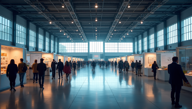 Vista panorâmica de um grande salão de eventos com estandes organizados e visitantes circulando