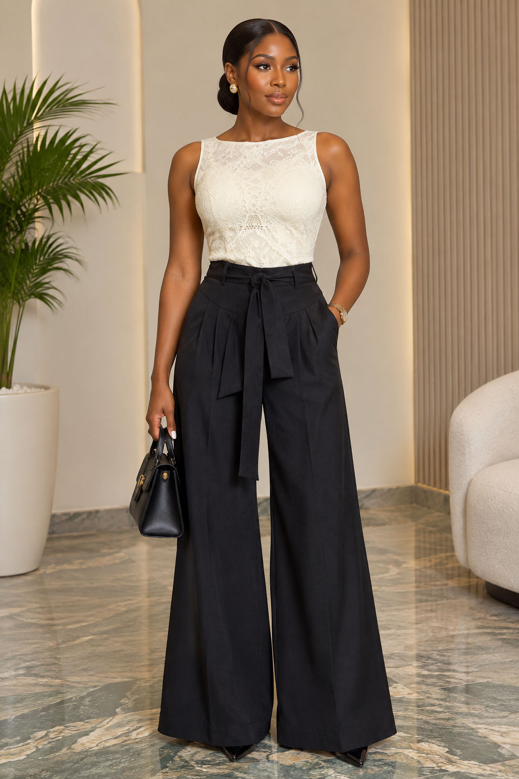 Black Palazzo Pants With Fabric Belt (105 cm) - Code 655