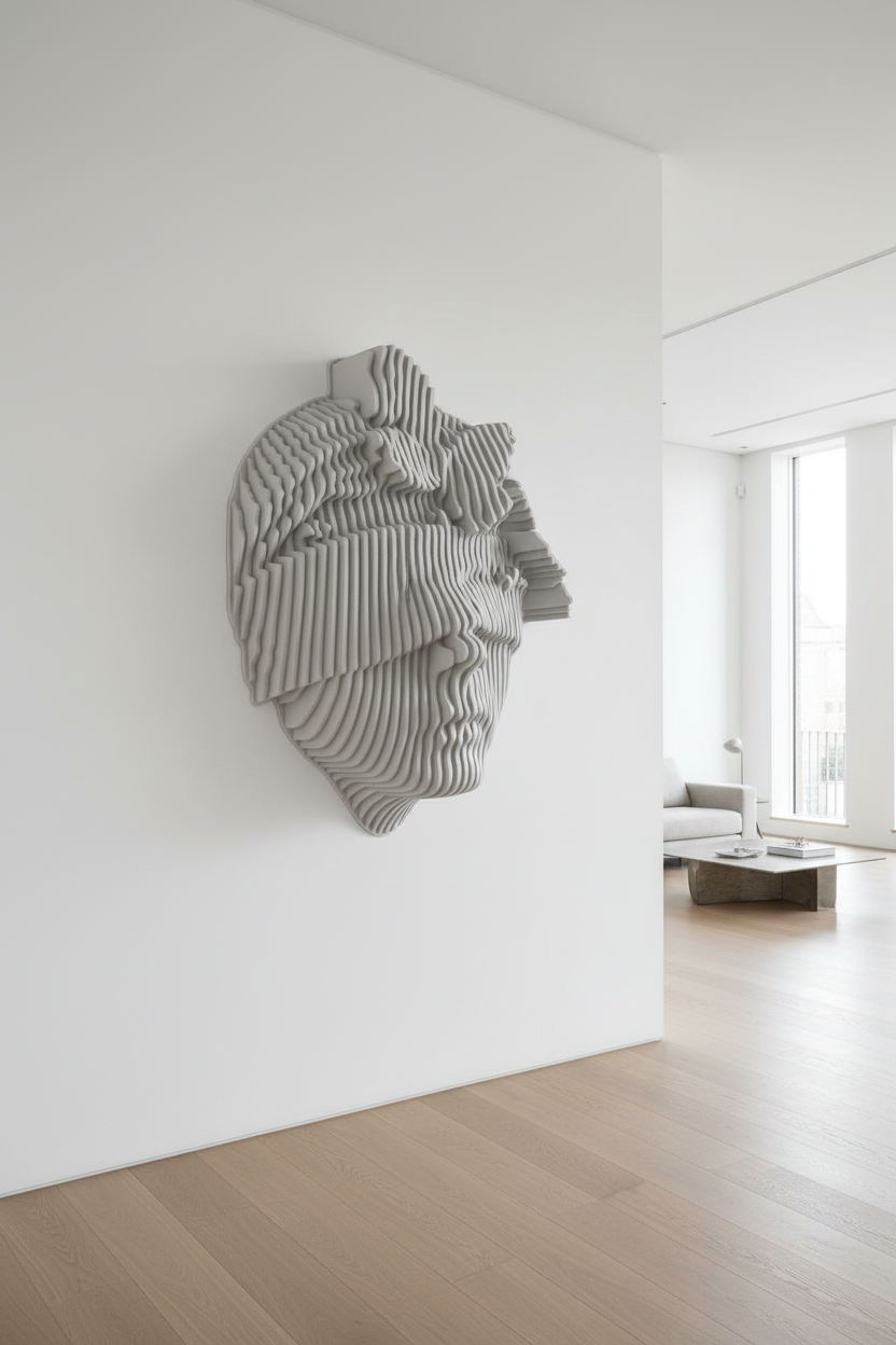 Thumbnail: Moderne Gesicht Wandskulptur in hellem Innenraum mit natürlichem Licht