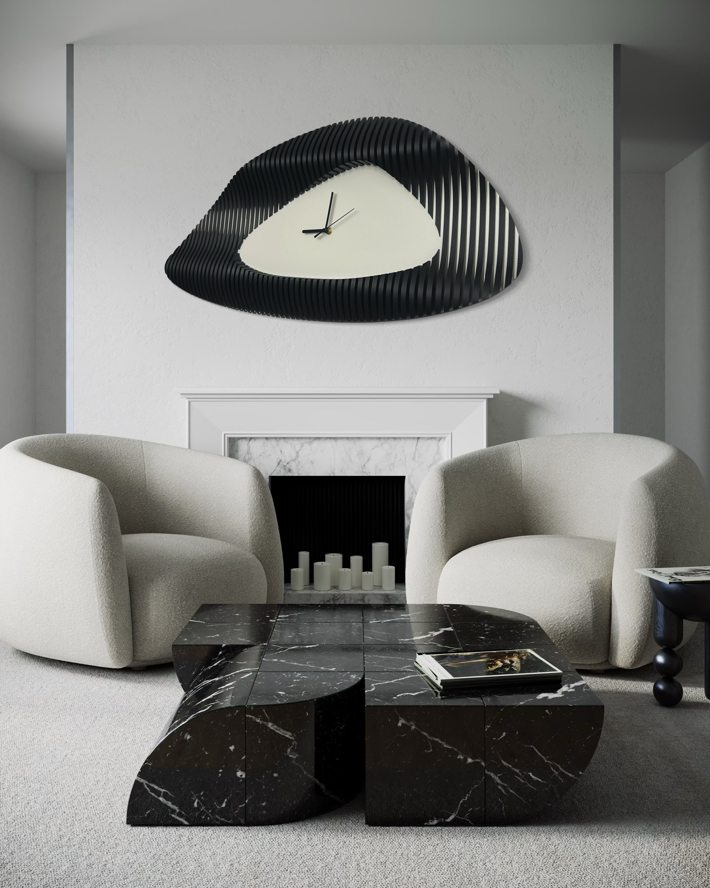 Handgefertigte ChronoMatrix parametrische Wanduhr mit 94 3D-gedruckten Teilen aus nachhaltigen Materialien auf Holz montiert.