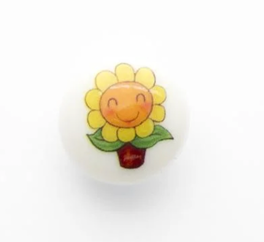 White Buttons with a Sunflower - 15mm