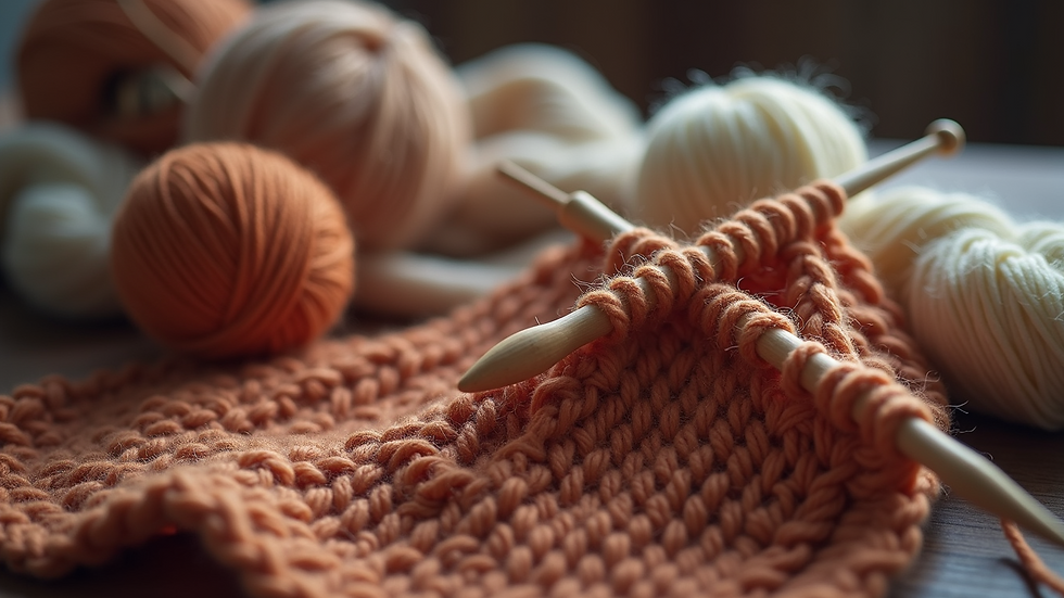 High angle view of a knitting project in progress with yarn and needles