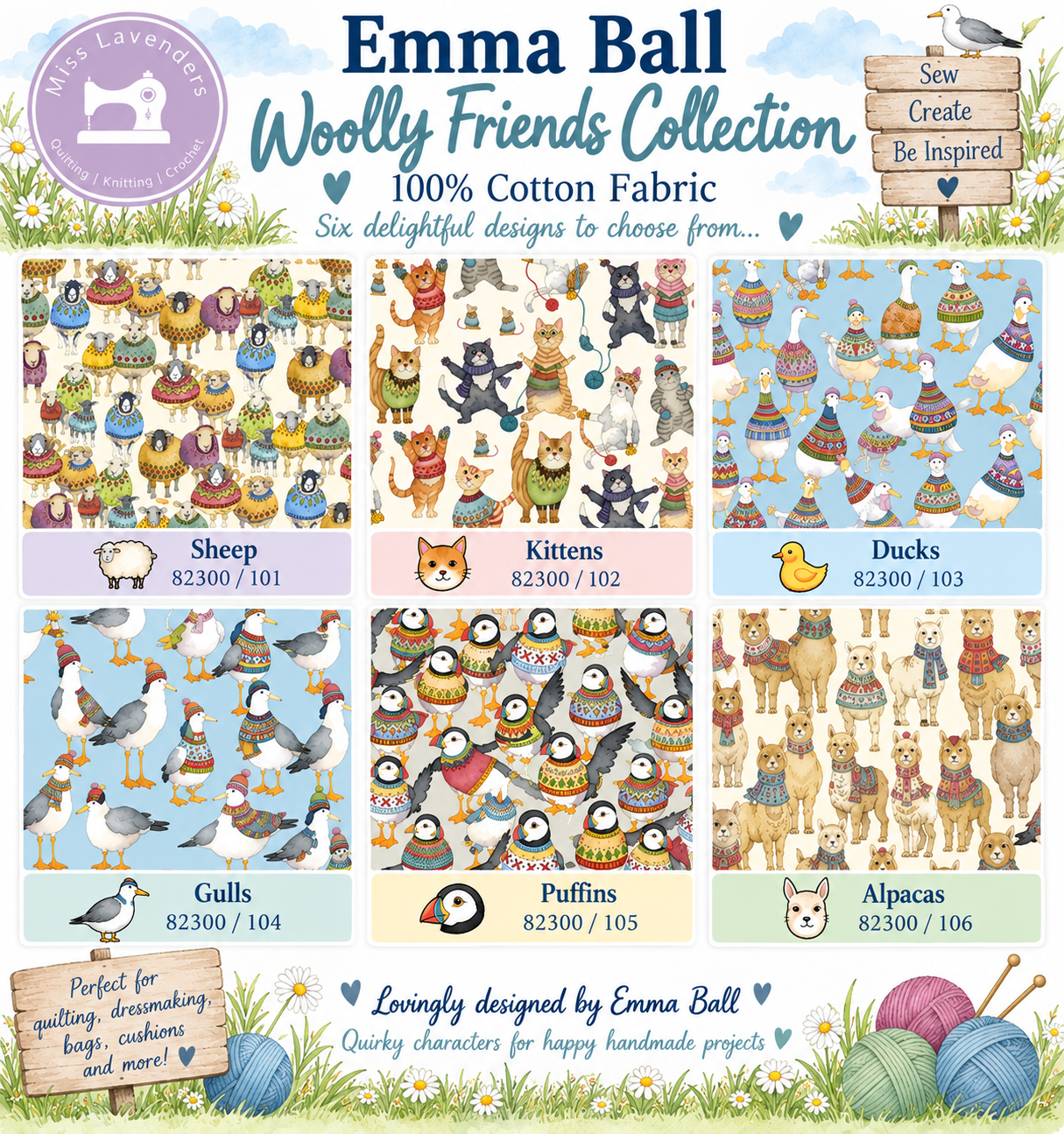 Emma Ball Woolly Collection Cotton Fabric - Sheep, Puffins, Ducks, Alpacas, Cats