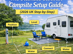 Caravan setup on campsite pitch showing correct positioning levelling and setup steps in the UK